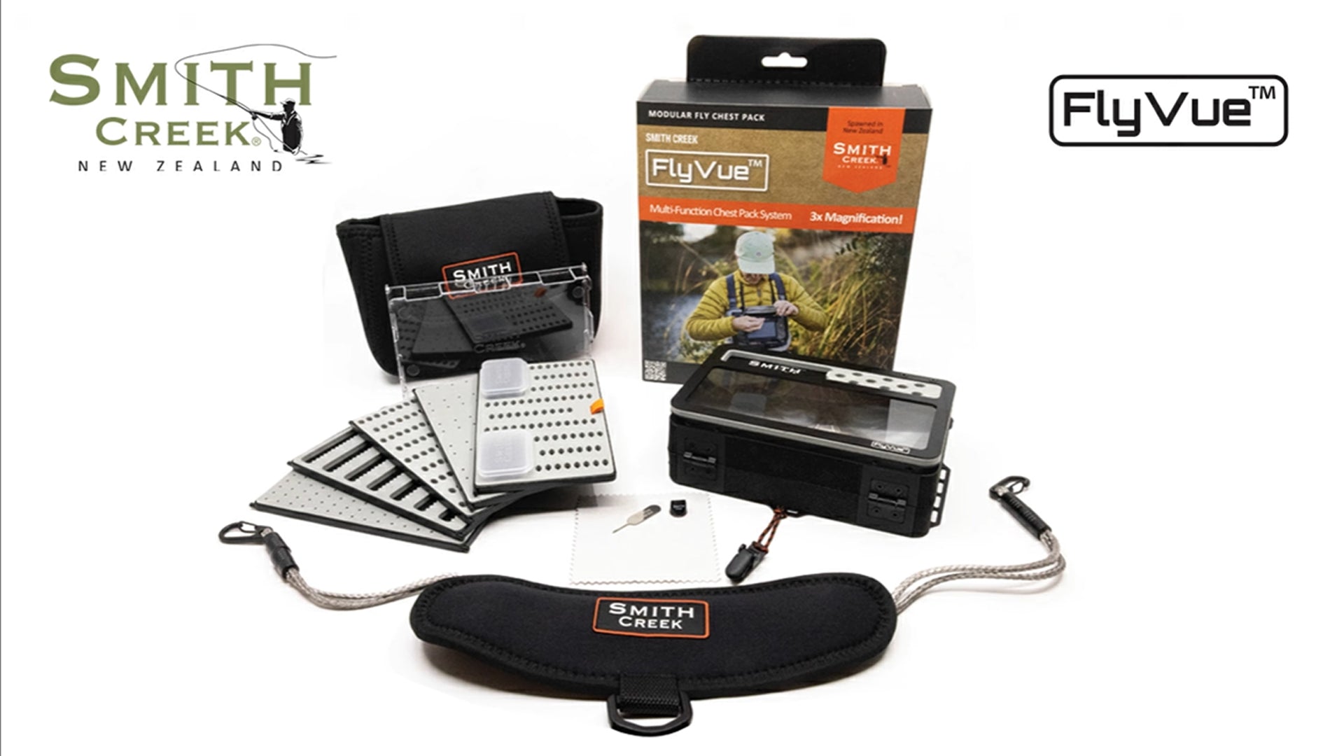 Load video: Smith Creek FlyVue modular fly fishing chest pack system with interchangeable trays and fly organization accessories
