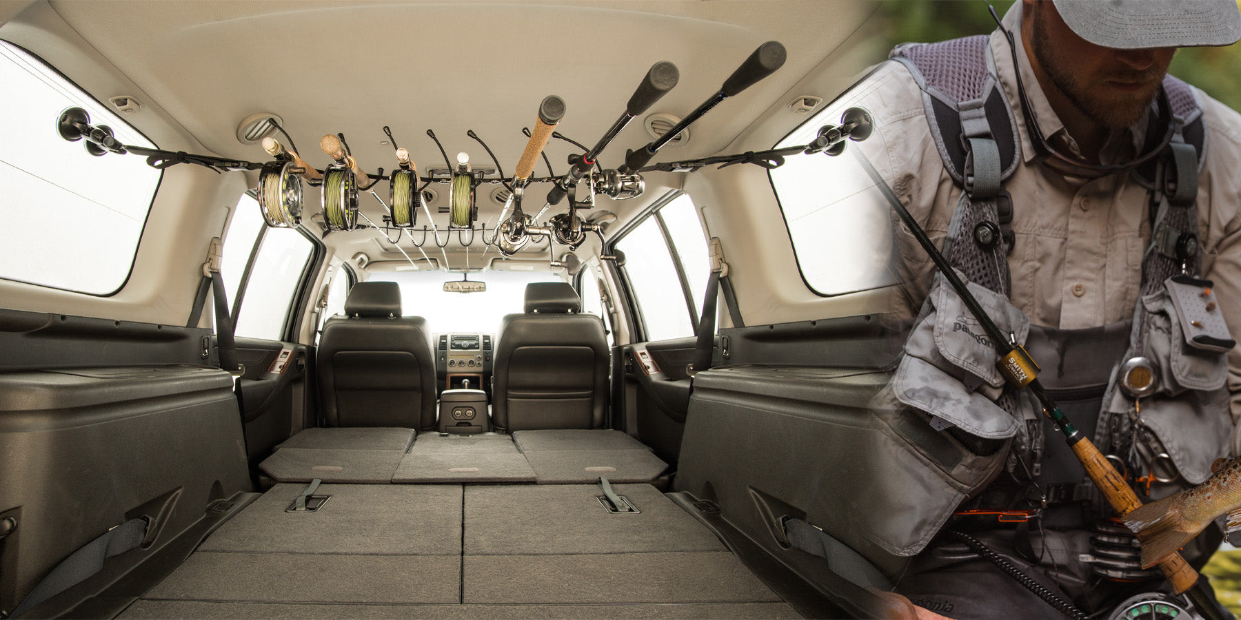 SUV with fly rod rack holding fly rods and Smith Creek Rod Clip in use